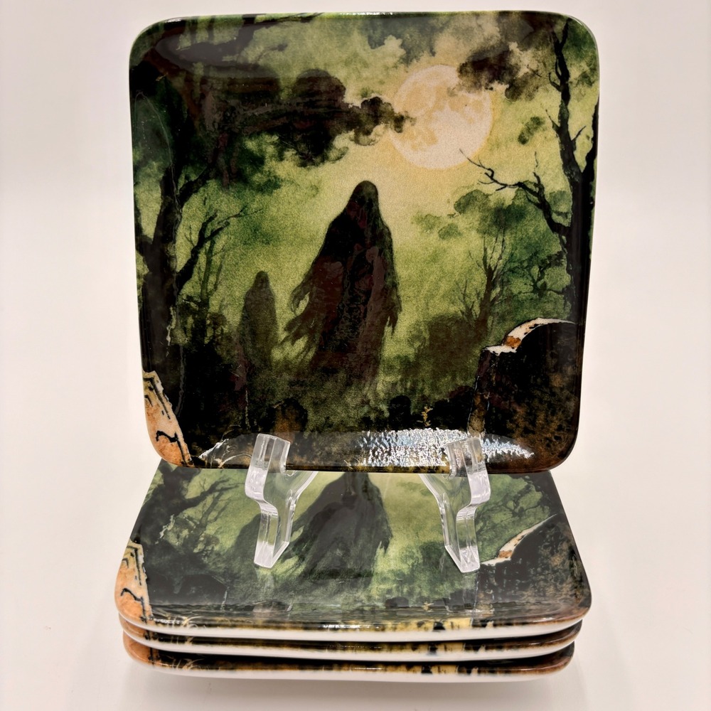 Zrike Brands E Squared Ghost Graveyard Appetizer Plates Green Black Halloween